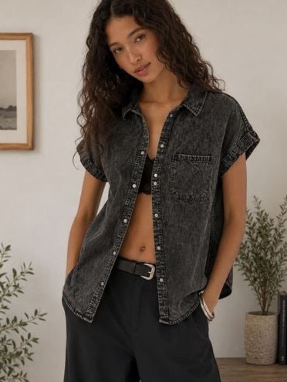 Washed Black Short-Sleeve Denim Shirt Western Rich Girl Starter Pack Goth Grunge
